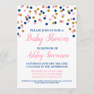 Invitation Douche neutre d'or de genre bleu rose de confettis