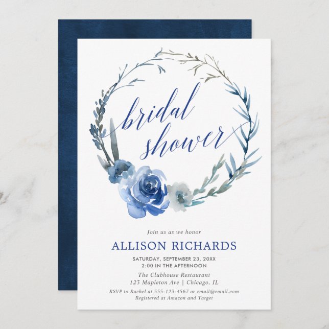 Invitation Douche nuptiale à aquarelle florale bleue (Devant / Derrière)