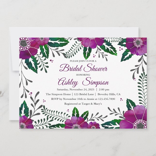 Invitation Douche nuptiale à cadre fleuri violet (Devant)