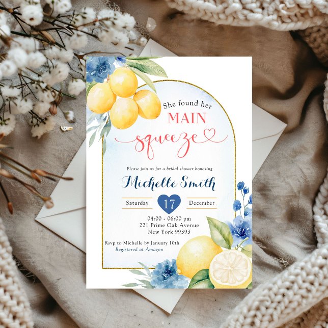 Invitation Douche nuptiale à fleurs bleues citron principal (Créateur téléchargé)