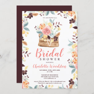 Invitation Douche-nuptiale à fleurs bordeaux de bois rustique