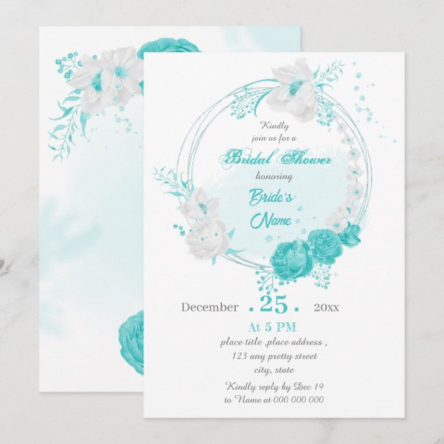 Invitation douche nuptiale à fleurs turquoise (Devant / Derrière)