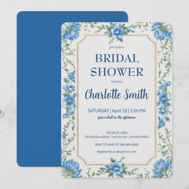 Invitation Douche nuptiale à la mode moderne Blue chinoiserie (Devant / Derrière)