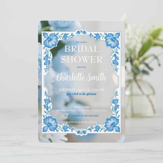 Invitation Douche nuptiale à la mode moderne Blue chinoiserie (Debout devant)