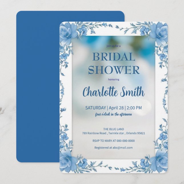 Invitation Douche nuptiale à la mode moderne Blue chinoiserie (Devant / Derrière)
