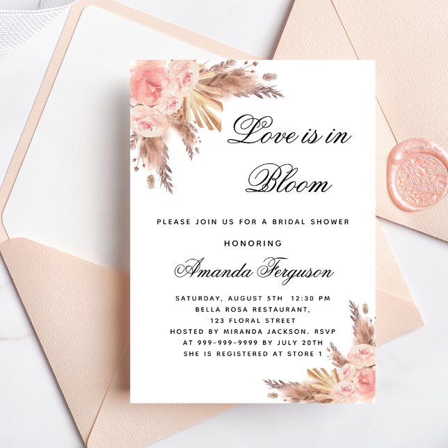 Invitation Douche nuptiale amour fleurs fleurs pampas herbe b (Créateur téléchargé)