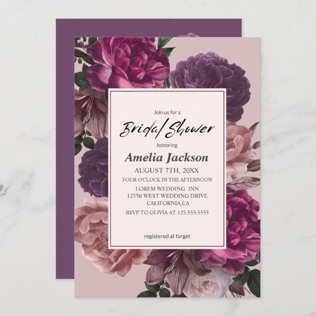Invitation Douche nuptiale aquarelle rose floral et violet (Devant / Derrière)