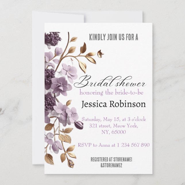 Invitation "douche nuptiale aux fleurs violettes et aux feuil (Devant)