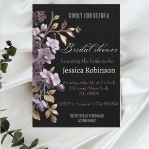 Invitation "douche nuptiale aux fleurs violettes et aux feuil