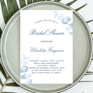 Invitation Douche nuptiale blanche bleu poussiéreux à eucalyp