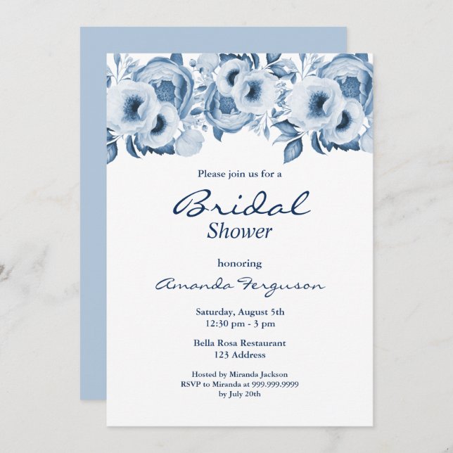 Invitation Douche nuptiale blanche fleurie bleu-duvet (Devant / Derrière)
