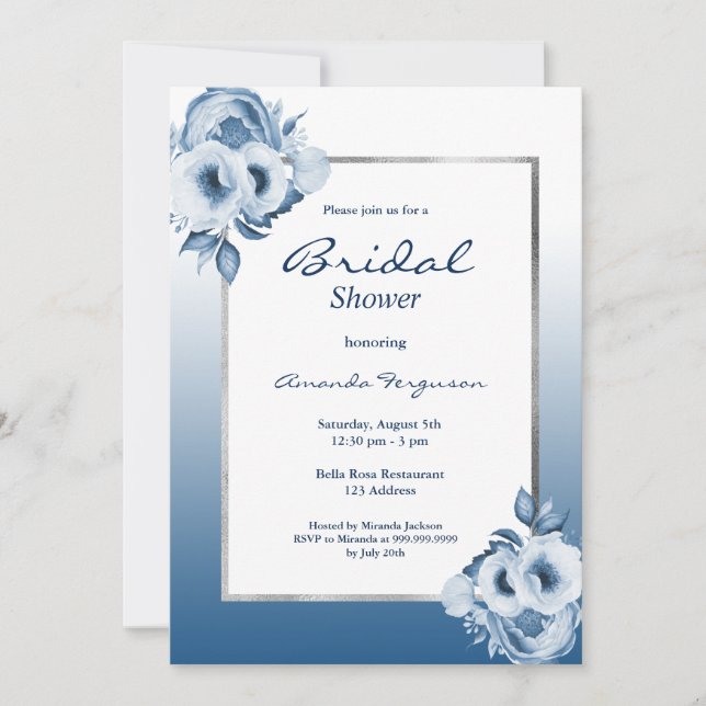Invitation Douche nuptiale bleu classique aux fleurs blanches (Devant)