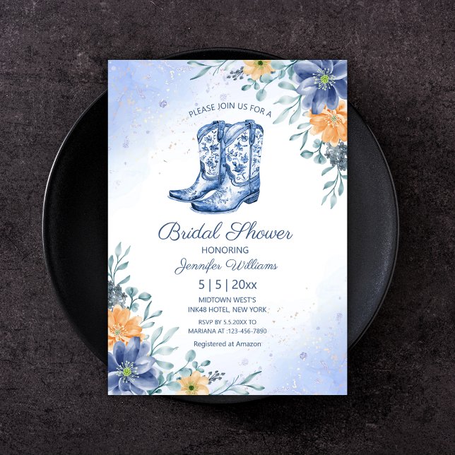 Invitation douche nuptiale bleu cowgirl bottes fleurs ouest (Créateur téléchargé)