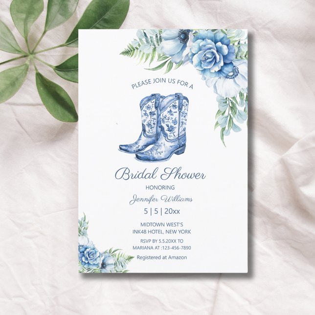 Invitation douche nuptiale bleu cowgirl bottes floral ouest (Créateur téléchargé)