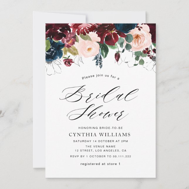 Invitation douche nuptiale bordeaux floral peint (Devant)