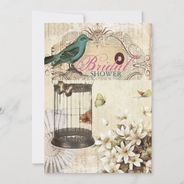 Invitation Douche nuptiale botanique florale vintage d'oiseau (Devant)