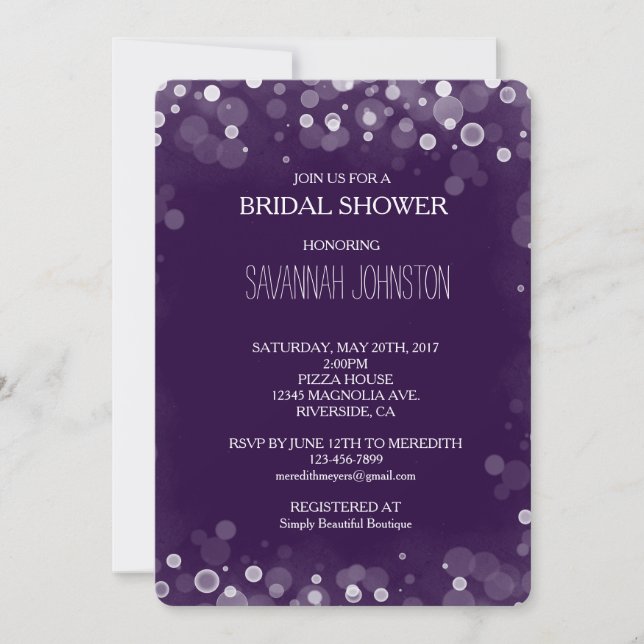 Invitation Douche nuptiale Confetti Bokeh violet et blanc (Devant)