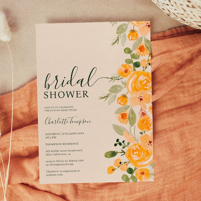 Invitation Douche nuptiale de chute jaune rustique (Rustic yellow floral watercolor fall bridal shower invitation on yellow)