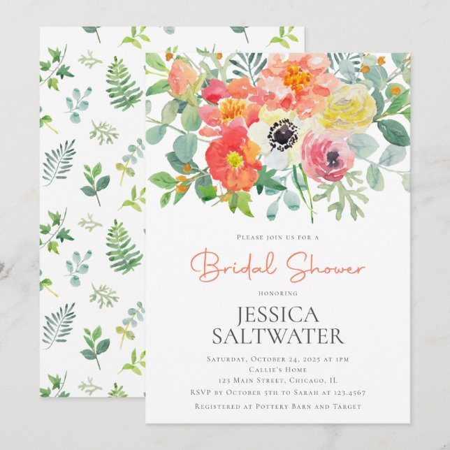 Invitation Douche nuptiale de fleurs d'aquarelle (Devant / Derrière)