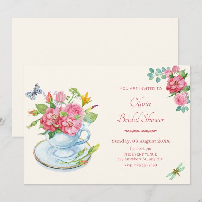 Invitation Douche nuptiale de la tasse de thé florale (Devant / Derrière)
