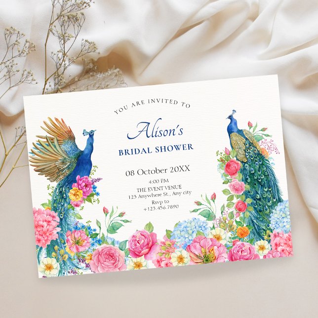 Invitation Douche nuptiale de paon d'oiseau floral (Créateur téléchargé)
