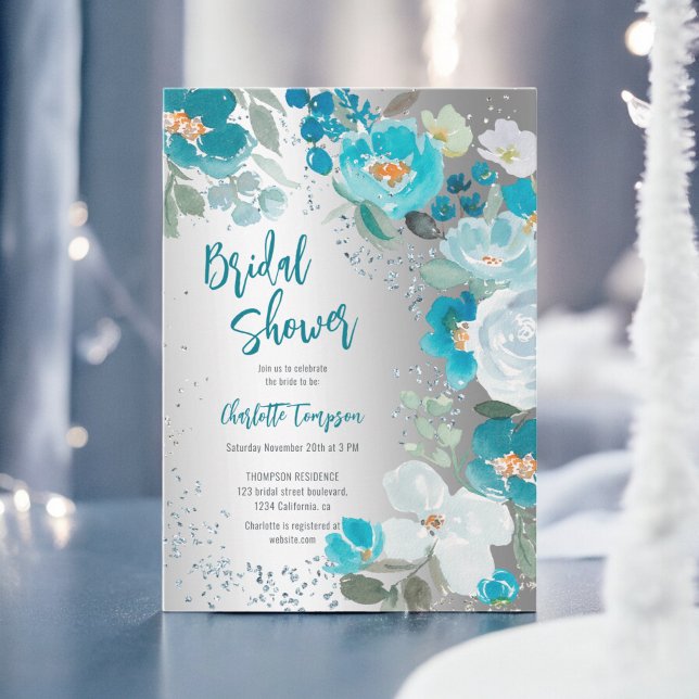 Invitation Douche nuptiale en argent bleu peint (Painted Blue Silver Floral Winter bridal shower Invitation)