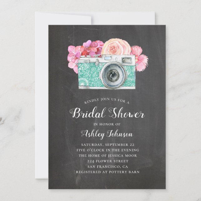 Invitation Douche nuptiale en tableau noir. Fleurs roses et a (Devant)