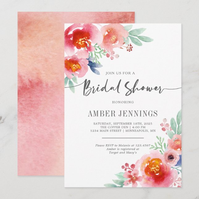 Invitation Douche nuptiale fleurie aquarelle (Devant / Derrière)