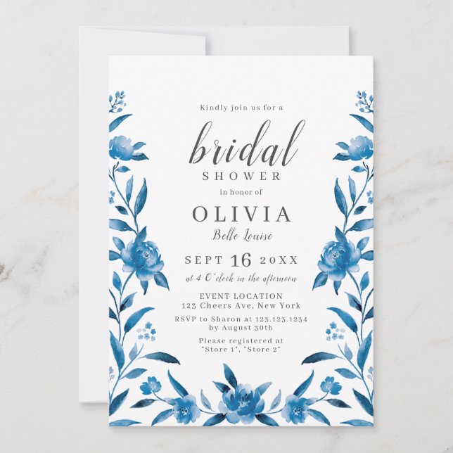 Invitation Douche nuptiale fleurie bleu et blanc (Devant)