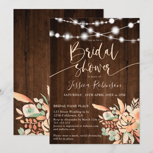 Invitation Douche nuptiale fleurie en bois rustique (Devant / Derrière)