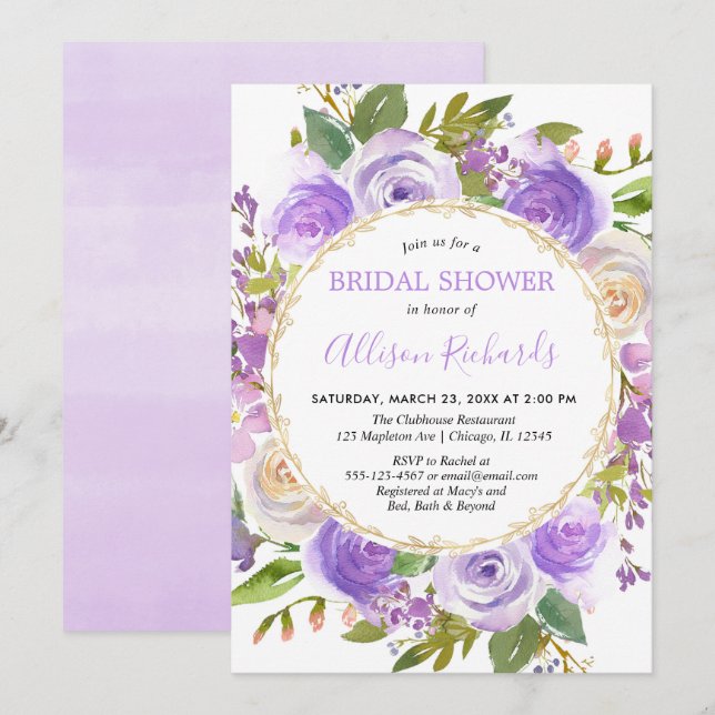 Invitation Douche nuptiale fleurie lavande violette (Devant / Derrière)