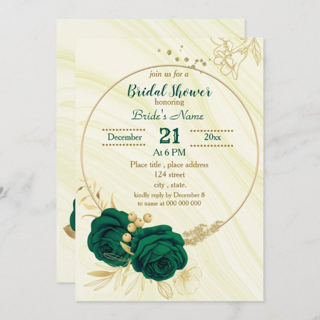 Invitation douche nuptiale fleurie vert émeraude (Devant / Derrière)