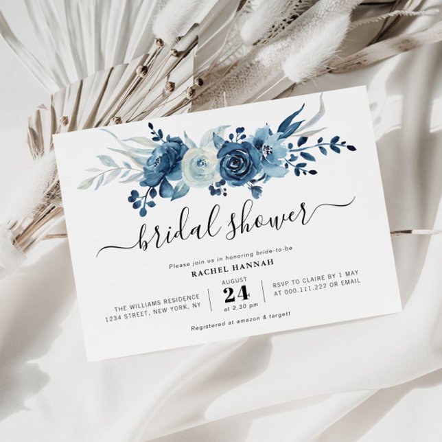 Invitation douche nuptiale florale bleu marine peinte (Créateur téléchargé)