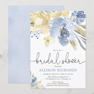 Invitation Douche nuptiale florale bleue et jaune