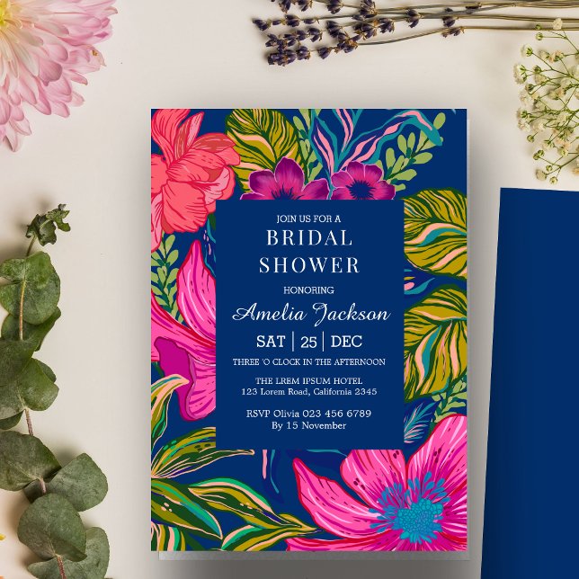 Invitation Douche nuptiale florale et botanique bleu (Créateur téléchargé)