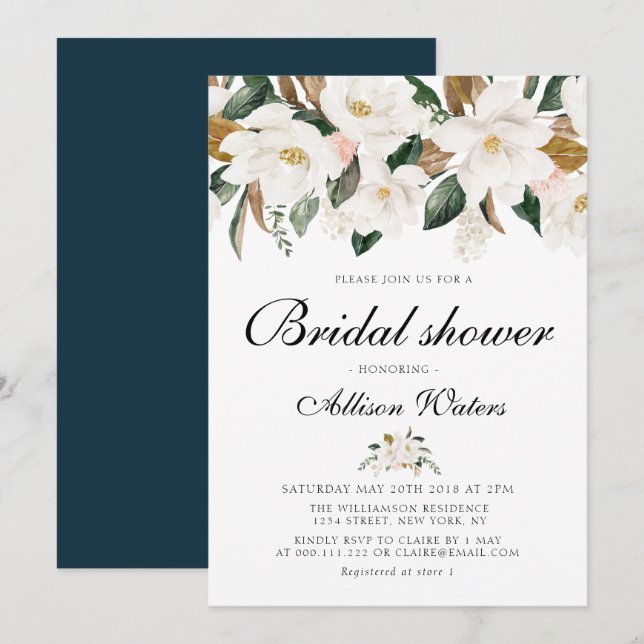 Invitation Douche nuptiale florale Magnolia aquarelle (Devant / Derrière)