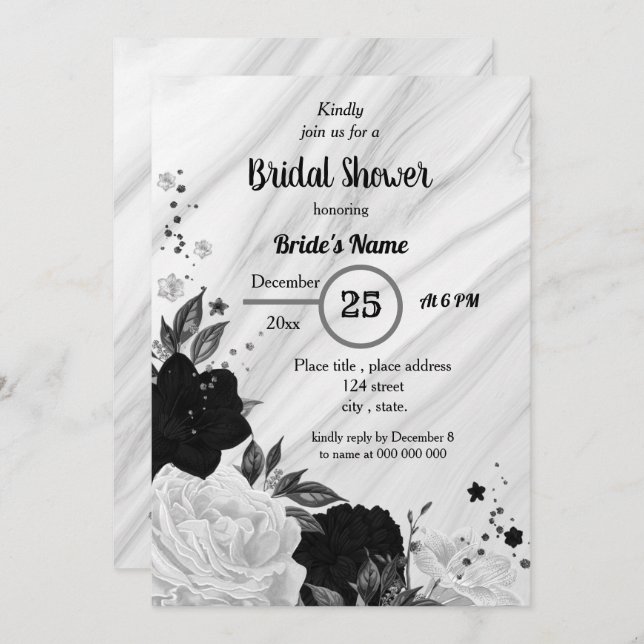 Invitation Douche nuptiale florale noire et blanche (Devant / Derrière)