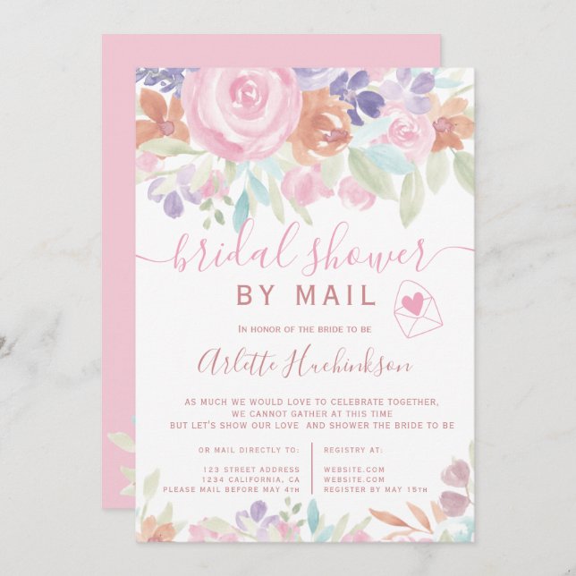 Invitation Douche nuptiale florale pastel par la poste (Devant / Derrière)