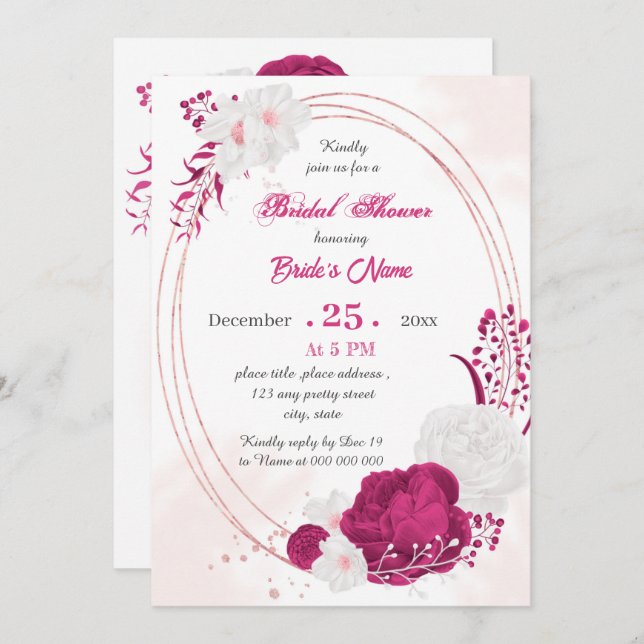Invitation douche nuptiale fuchsia & blanche à fleurs géométr (Devant / Derrière)
