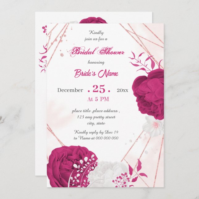 Invitation douche nuptiale fuchsia & blanche à fleurs géométr (Devant / Derrière)