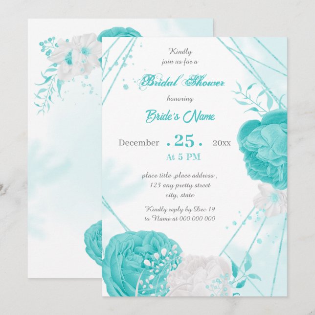 Invitation douche nuptiale géométrique à fleurs blanches turq (Devant / Derrière)