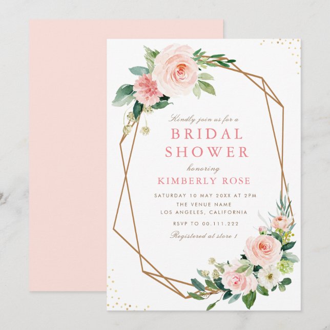 Invitation Douche nuptiale géométrique à fleurs roses (Devant / Derrière)