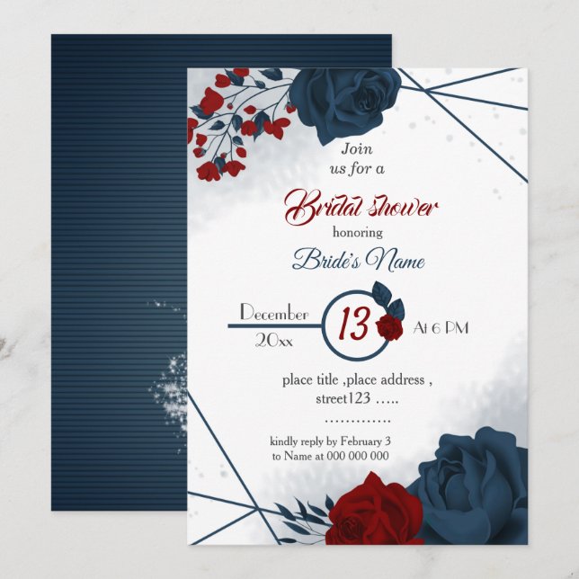 Invitation douche nuptiale géométrique marine & bordeaux (Devant / Derrière)