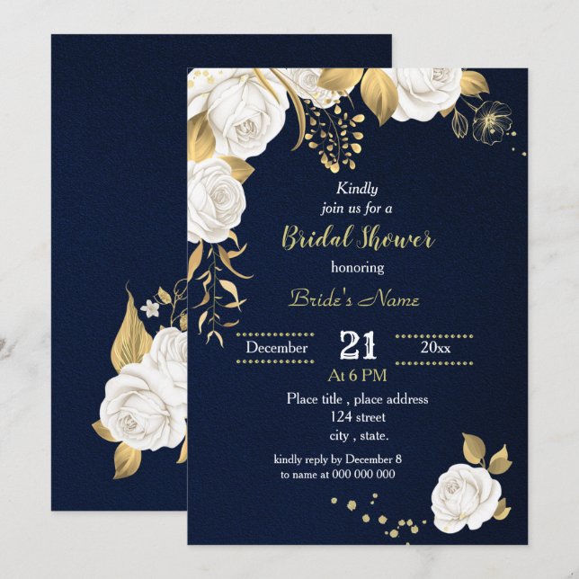 Invitation douche nuptiale marine à fleurs blanche et or (Devant / Derrière)