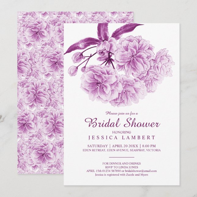 Invitation Douche nuptiale mauve mauve fleurie printanière (Devant / Derrière)