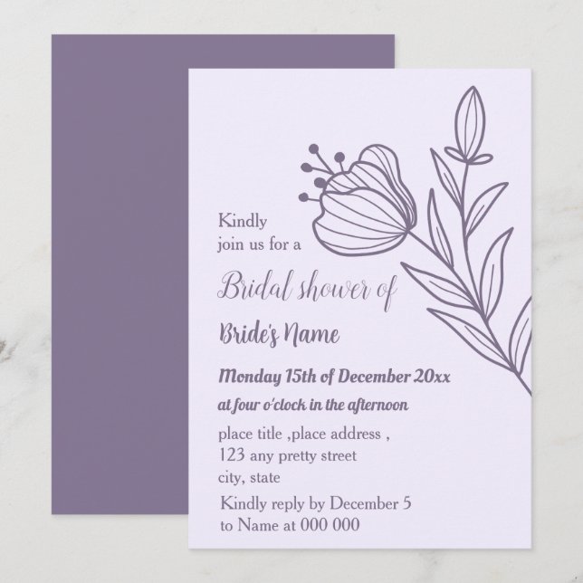 Invitation Douche nuptiale mauve simple (Devant / Derrière)