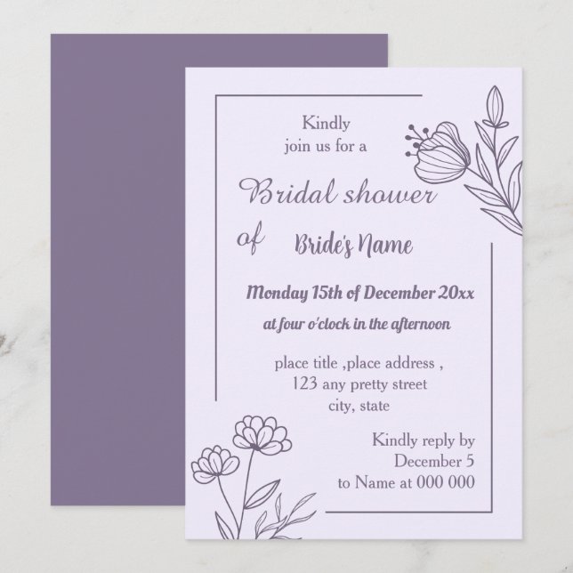 Invitation Douche nuptiale mauve simple (Devant / Derrière)