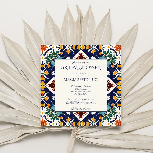 Invitation Douche nuptiale méditerranéenne bleu azulejo (Azulejo blue colorful Portugueses  Mediterranean ornate tile bridal shower Invitation template )