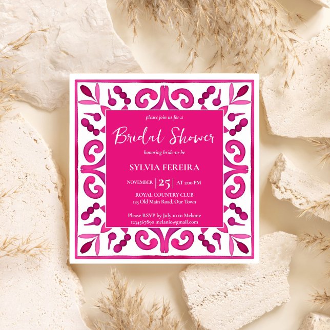 Invitation Douche nuptiale mexicaine rose gras (Bold pink Spanish talavera vintage Mexican Hacienda bridal shower Invitation template download)