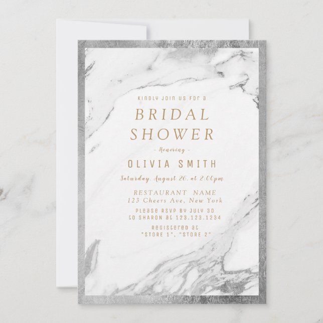 Invitation Douche nuptiale moderne en marbre argenté (Devant)